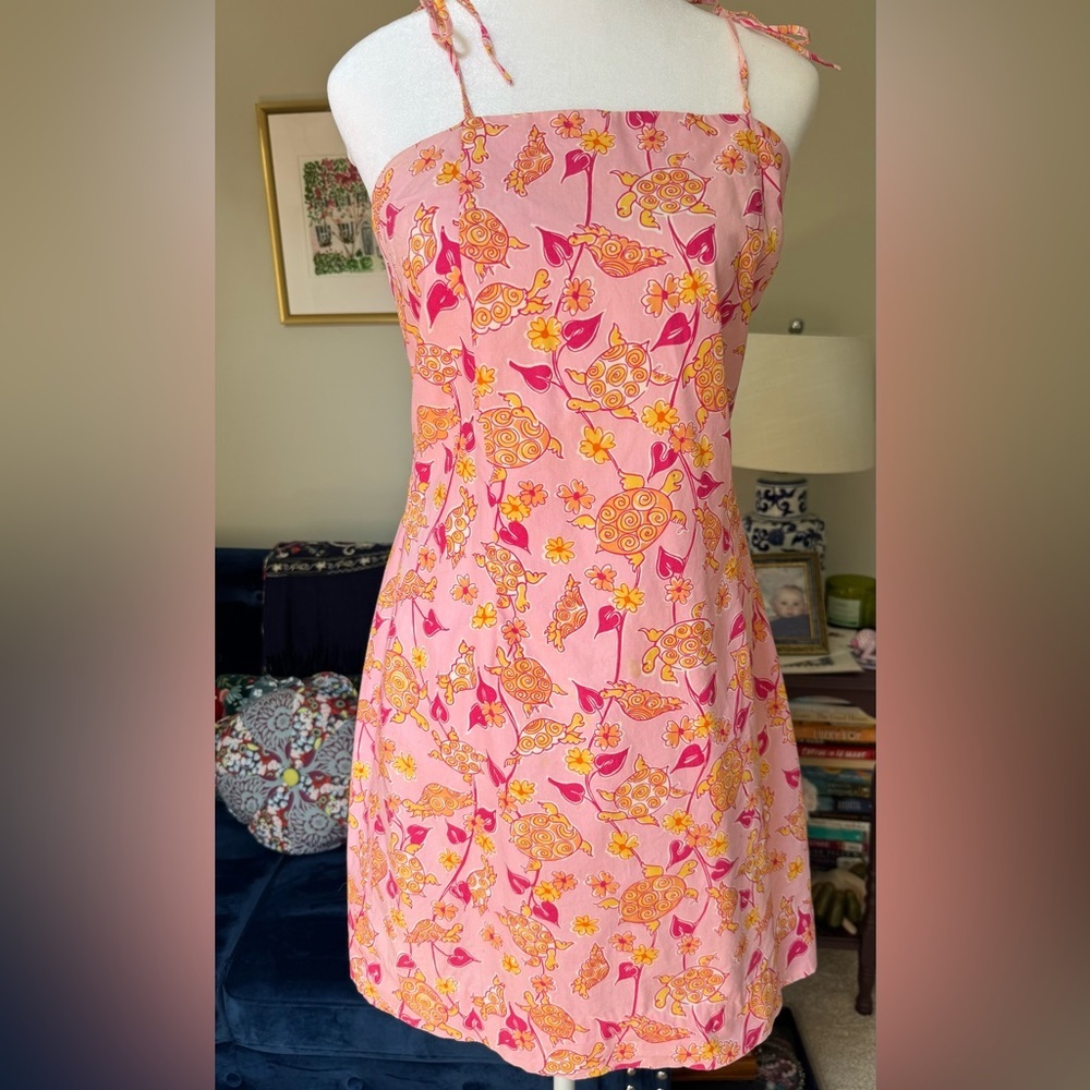 Vintage Lilly Pulitzer Pink and Orange Sleeveless  Midi Sundress w/ Turtles- 8
